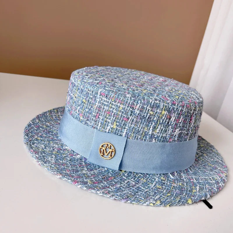 Europe and America xiao xiang style pearl flat top color jacquard hat pink tweed top hat women's autumn and winter fashion hats