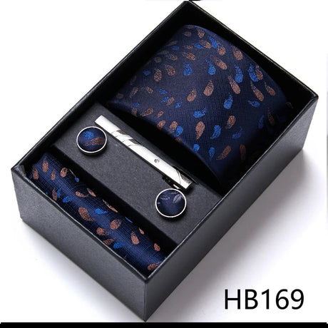 Brand Wholesale Tie Pocket Squares Cufflink Set Necktie Blue Striped Man Wedding Accessories Fit Workplace Holiday Gift Box