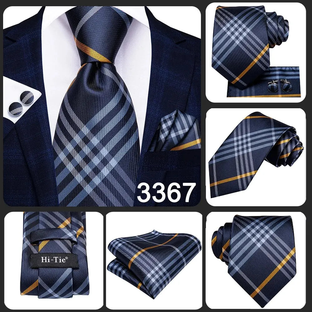 Hi-Tie Royal Blue Golden Fashion Mens Plaids Elegant Tie Set Jacquard Woven Necktie Hanky Cufflinks For Wedding Business Party