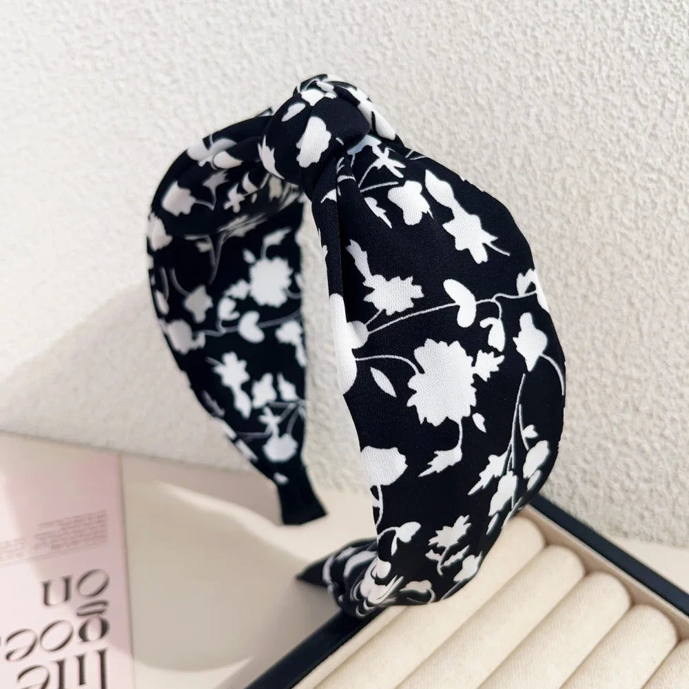 Elegant Floral Black White Hairbands for Women Girls Wide Edge Soft Hair Hoops Big Bowknot Cross Headband Hair Styling Tool Gift