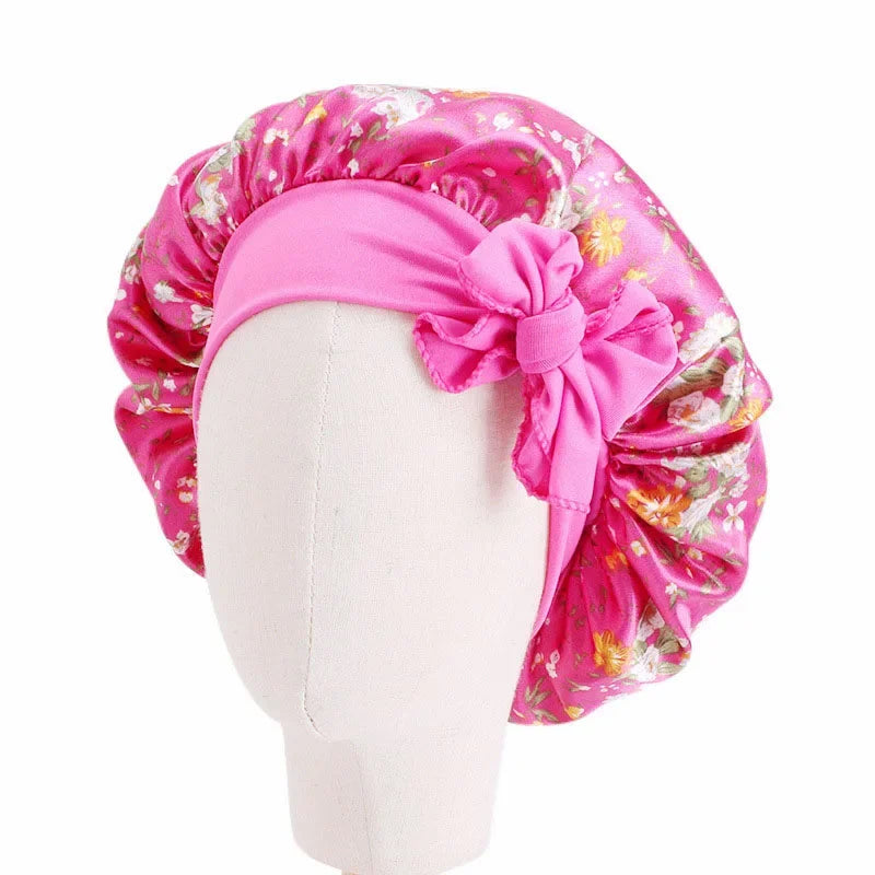 Kids Girls Sleep Cap Floral Print Hair Bonnet Satin Night Sleep Hat Turban Sleeping Hat Children Hair Care Bonnet Nightcap Caps