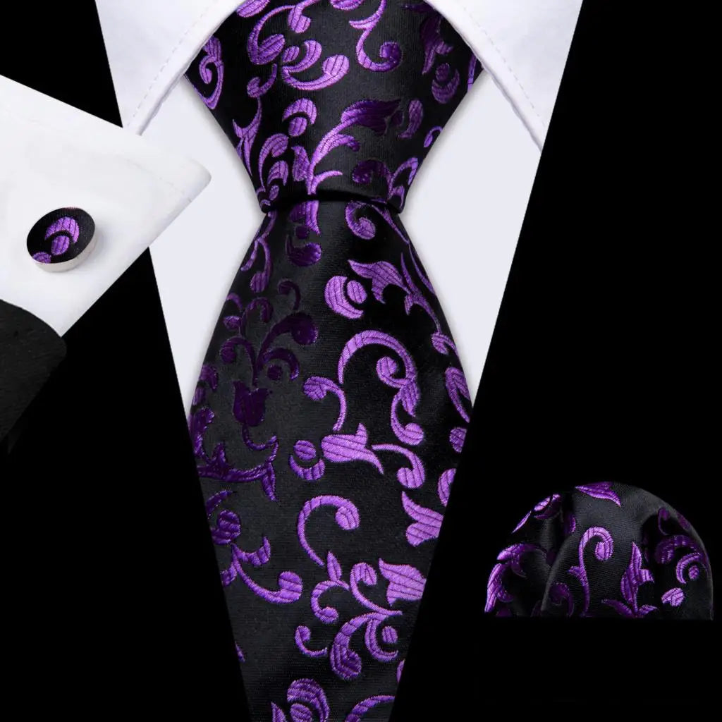 Male Gift Silk Men Tie Set Purple Violet Solid Paisley Striped Wedding Business Tie for Man Necktie Handky Cufflinks Barry.Wang