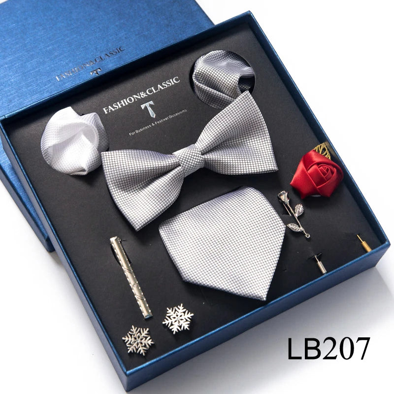 Brand Newest Design Silk Tie Set Handkerchief Pocket Squares Cufflink Bow Tie Clip Necktie Set Bussiness Wedding Suit Gift Box