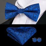 Hi-Tie Brand Silk Pre-tied Men's Bow Tie Hanky Cufflinks Set Bowtie for Male Jacquard Solid Paisley Floral Wedding Business Gift