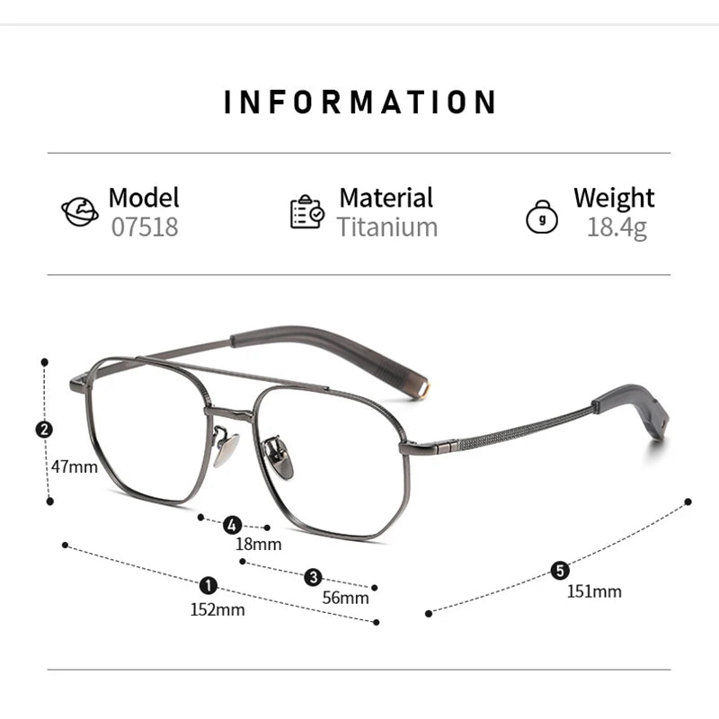 Trendy Men's Large size Titanium Frames Stylish, Double Bridge, Casual, Comfortable, Optical Prescription Eyewear for Men 07518