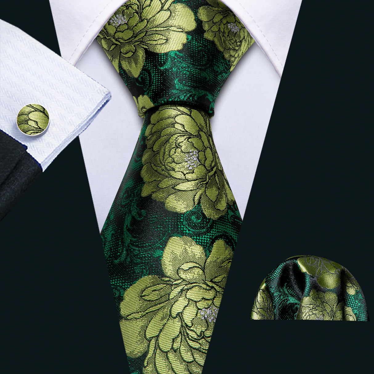 Luxury Silk Mens Ties Set Black Green Leaves Floral Neck Tie Handkerchief Cufflinks Set Wedding Business Party Barry·Wang 5938