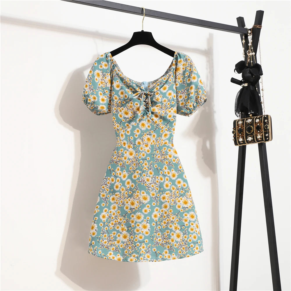 Mini robes d'été pour femmes, mode féminine, imprimé floral, en mousseline de soie, froncée, manches courtes bouffantes, robe décontractée