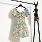 Mini robes d'été pour femmes, mode féminine, imprimé floral, en mousseline de soie, froncée, manches courtes bouffantes, robe décontractée