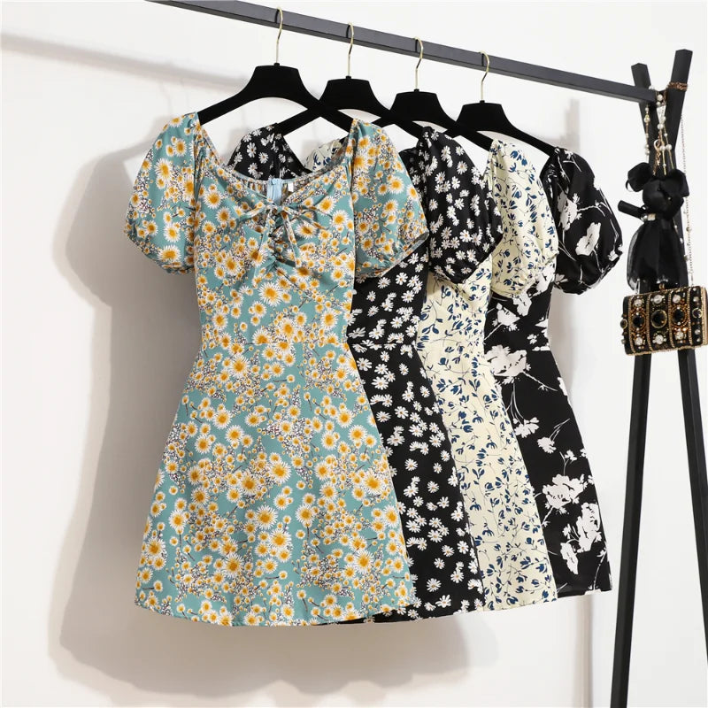 Mini robes d'été pour femmes, mode féminine, imprimé floral, en mousseline de soie, froncée, manches courtes bouffantes, robe décontractée