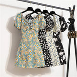 Mini robes d'été pour femmes, mode féminine, imprimé floral, en mousseline de soie, froncée, manches courtes bouffantes, robe décontractée