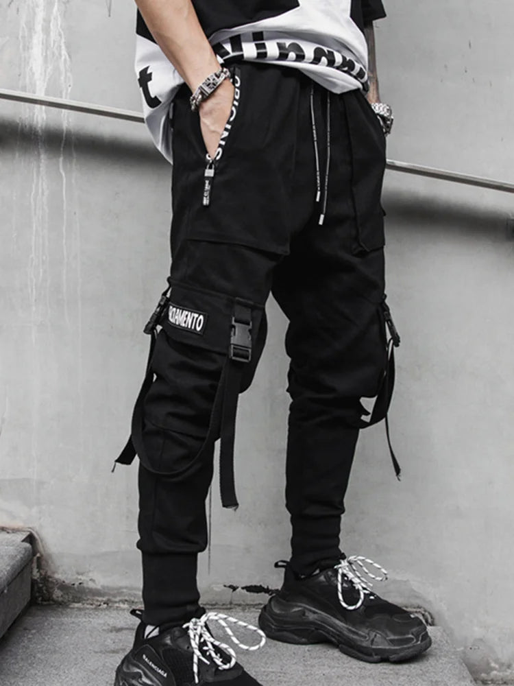 Joggers Cargo Pants for Men Casual Hip Hop Hit Color Pocket Male Trousers Sweatpants Streetwear Ribbons Techwear Pants