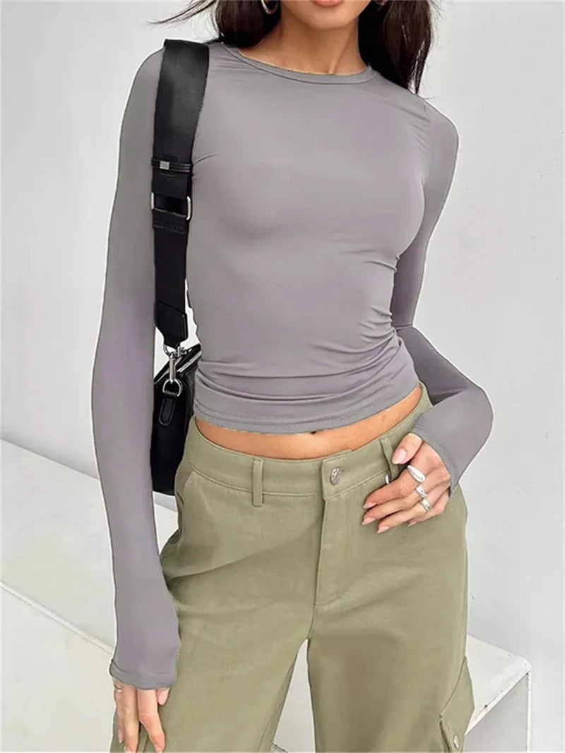 Long Sleeve T Shirt Women Autumn Winter Y2k Crop Top Casual Slim Fit Pullovers Solid O Neck T-shirts Streetwear Female Basic Tee