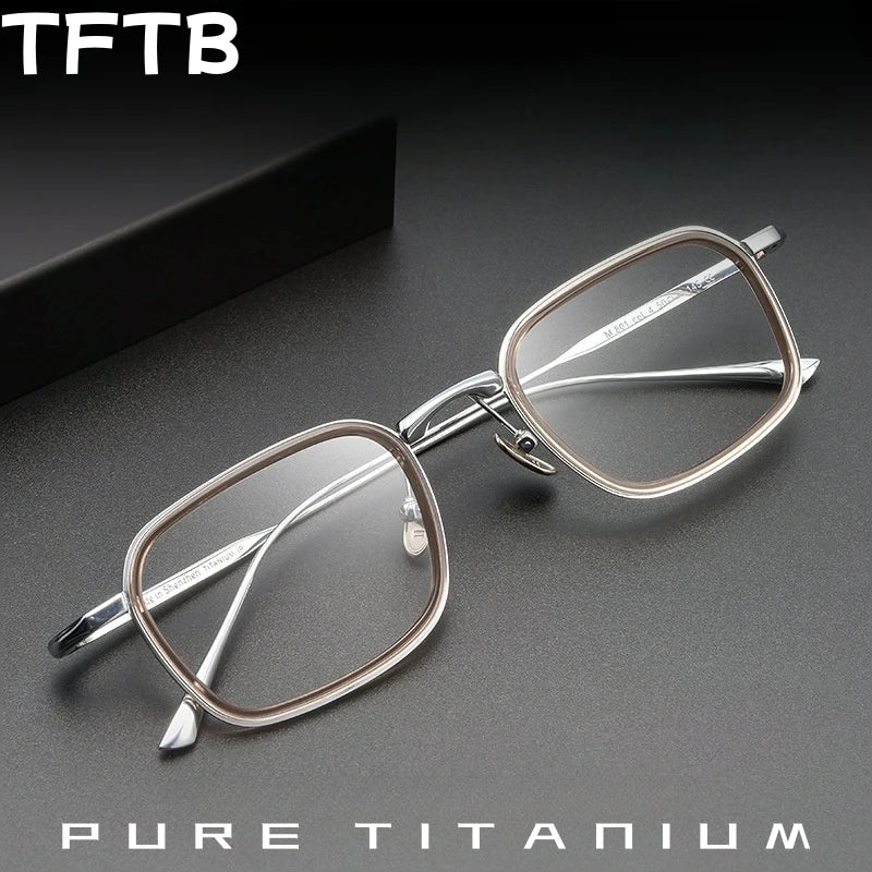 TFTB Retro All Pure Titanium Men's Glasses Luxury Square Small Framework Ultralight Optical Prescription Eyeglasses Frame 142mm
