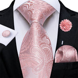 4Pcs Pink Paisley Folral Men Tie Pocket Square Cufflinks Brooch Pin for Wedding Party Groom Accessories 8cm Necktie Gift