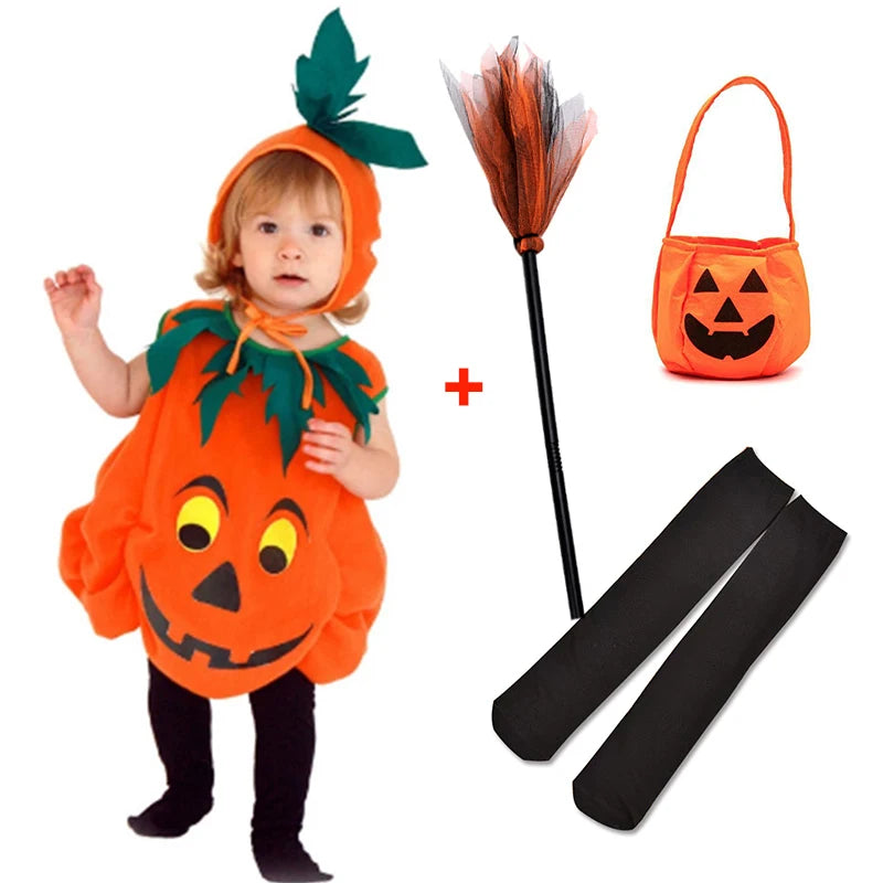 Kids Halloween Party Costume Romper with Hat Shoes Toddler Pumpkin One-Piece Boy Girl Baby Jumpsuit Cosplay Clothing Set 1-10T