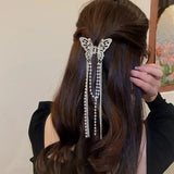 1 Pcs Full Diamond Hollow Butterfly Tassel Hair Accessories, Pearl Bead Chain Back Of The Head Grab Clip, Zinc Alloy Shark Clip