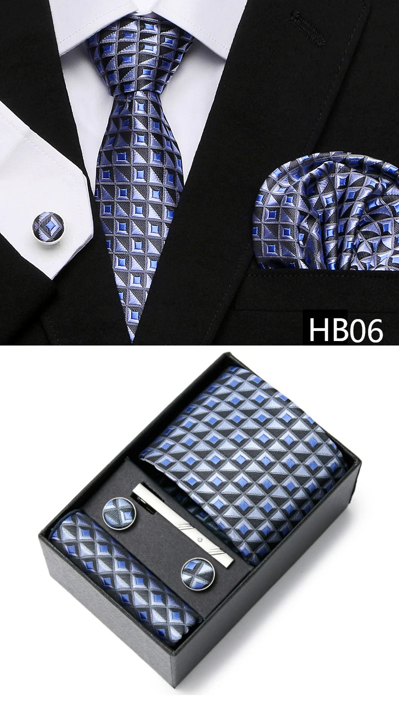 Gravatas For Men Newest design Silk Tie Handkerchief Cufflink Set Necktie Box Striped Blue Office