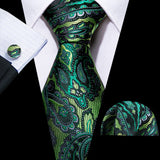 Luxury Silk Mens Ties Set Black Green Leaves Floral Neck Tie Handkerchief Cufflinks Set Wedding Business Party Barry·Wang 5938