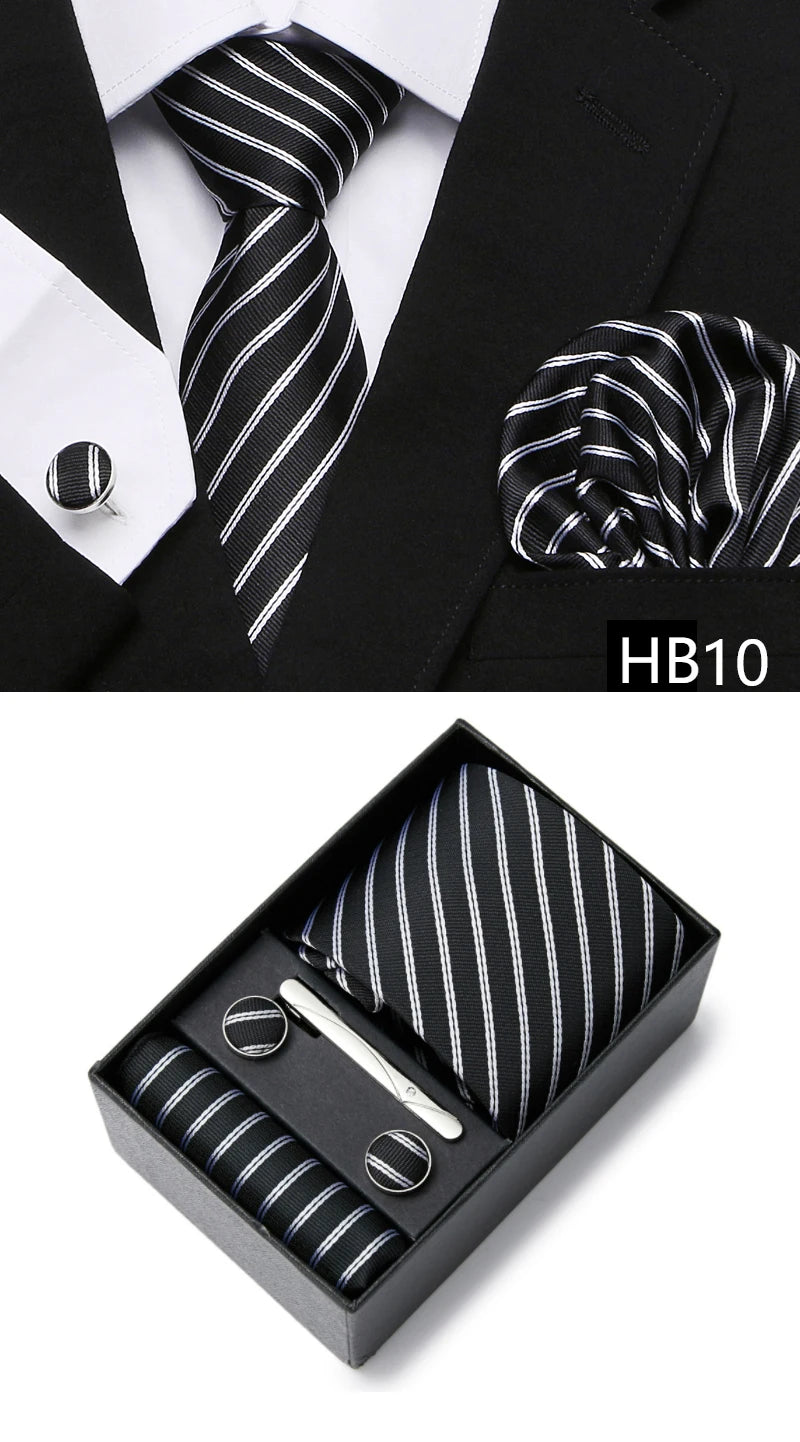 Gravatas For Men Newest design Silk Tie Handkerchief Cufflink Set Necktie Box Striped Blue Office