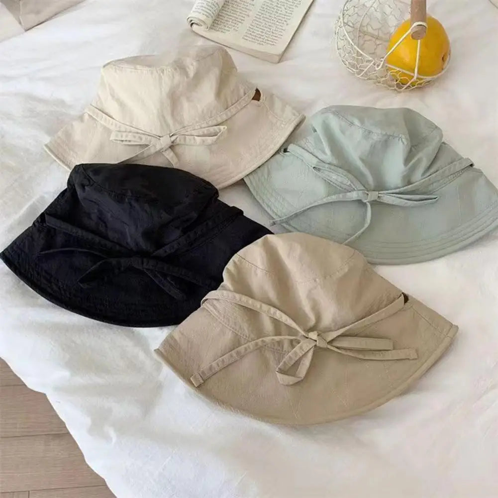 Women Fisherman Hat Windproof Fixed Strap Wide Brim Lady Bucket Hat Solid Color Sunshade Anti-UV Flat Top Foldable Summer Cap