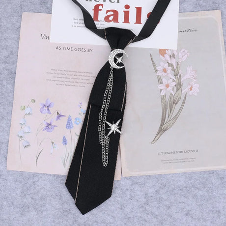 Hand Made Black Ribbon Tie Crystal Rhinestone Jewelry Men White Shirts College Girl Boys Collar Neck Ties Uniform Women Necktie