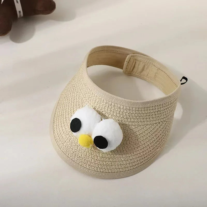 Lovely Bear Ears Empty Top Hat Baby Straw Cap Children Long Brim Sun Visors Kids Adjustable Summer Beach Bonnet Boy Girl Props