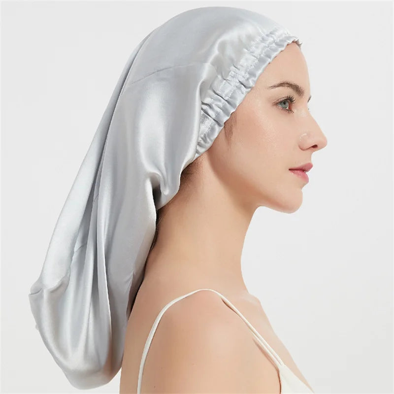 Luxury Comfortable Solid100% Real Silk Long Nightcap Hair Care Perm Beauty Sleeping Hat