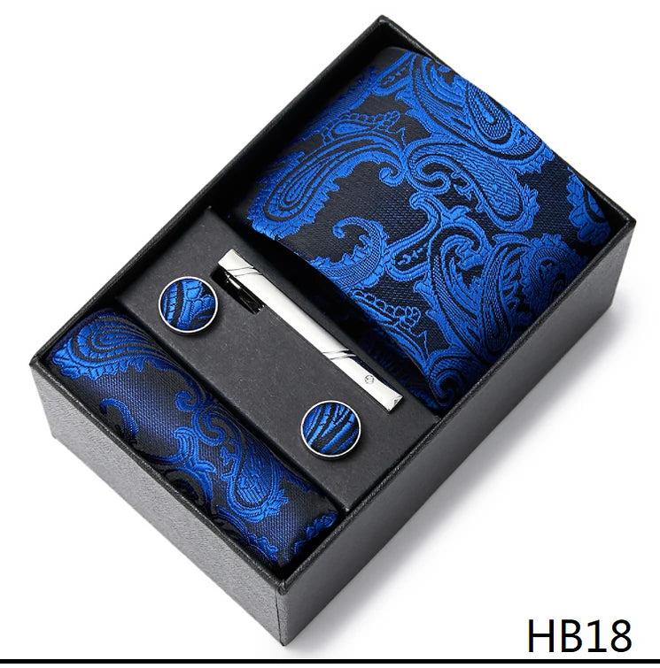 Gravatas For Men Newest design Silk Tie Handkerchief Cufflink Set Necktie Box Striped Blue Office