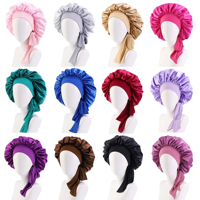 New Women Satin Bonnet Silky Sleep Cap Curly Hair Wrap For Sleeping Cap Adjustable Bonnets With Tie Band Nightcap Hair Care Cap