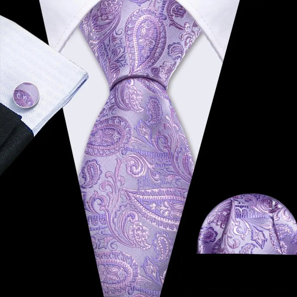 Male Gift Silk Men Tie Set Purple Violet Solid Paisley Striped Wedding Business Tie for Man Necktie Handky Cufflinks Barry.Wang