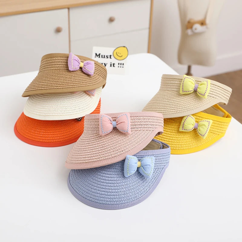 Lovely Girl Baby Summer Straw Hat Casual Bowknot Sun Visor Caps Outdoor Beach Top Sunscreen Empty Hats Cute Baseball Caps