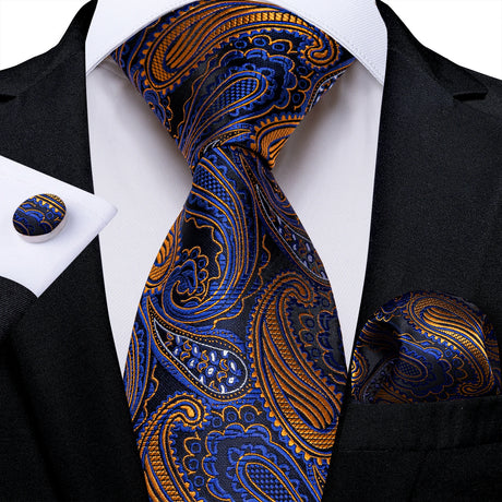 Elegant Blue Floral Paisley Men's 8cm Silk Tie Set with Pocket Square Cufflinks Business Suits Accessories Groom Wedding Cravat