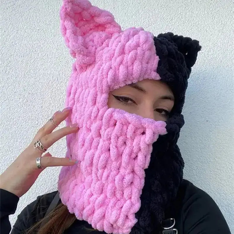 Combhasaki Women's Y2K Hooded Scarf Hats Cute Animal Ears Knitted Pullover Balaclava Winter Warm Beanie Cap for Cold Weather
