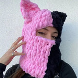 Combhasaki Women's Y2K Hooded Scarf Hats Cute Animal Ears Knitted Pullover Balaclava Winter Warm Beanie Cap for Cold Weather