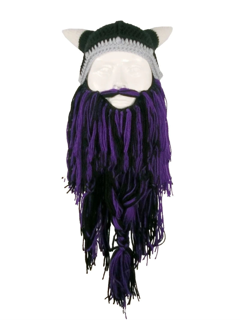 New Wig Beard Hats Viking Beard Beanie Horn Hat Winter Warm Mask Original Handmade Knit Helmet and Removable Beard Halloween Cap