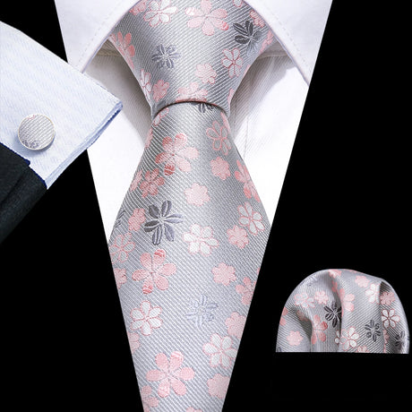 Barry.Wang Flower Silk Men Tie Hankerchief Cufflink Set Plum Blossom Rose Spiraea Necktie Cravat for Male Wedding Party Business