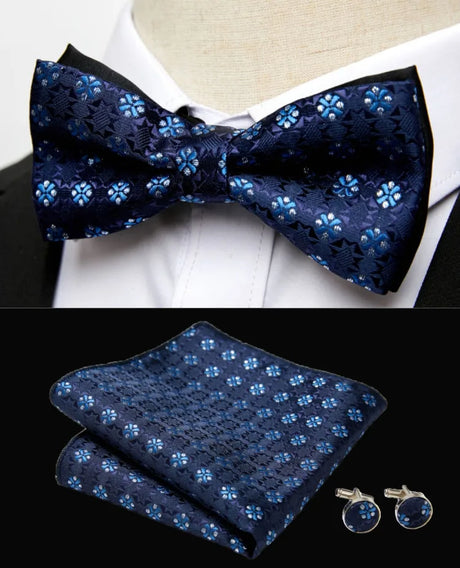 HUISHI Classic Blue Bowties For Men  Paisley Floral Bow Tie Pocket Square Cufflinks Suit Set Wedding Party Plaid Solid Butterfly