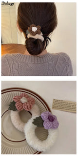 Newest Korean Woman Cute Plush Flower Hairband Elastics Hair Band Scrunchies Hair Ties Ladies Ponytail Hold Hair Accessories