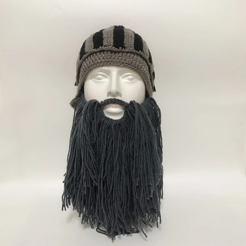 Red Tassel Cosplay Roman Knight Knit Helmet Men Cap Original Barbarian Handmade Winter Warm Beard Hats Funny Beanies Party Gifts