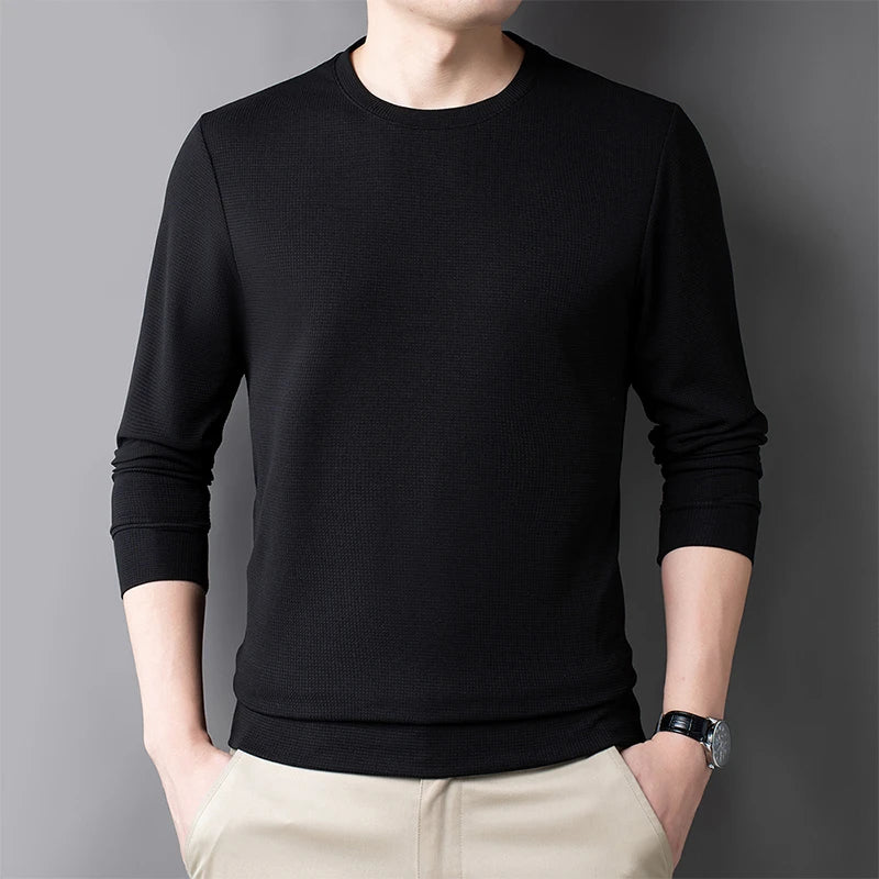 2024 Men's Casual Fashion Long Sleeved Round Neck T-shirt Waffle Comfortable Top