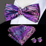 Hi-Tie Brand Silk Pre-tied Men's Bow Tie Hanky Cufflinks Set Bowtie for Male Jacquard Solid Paisley Floral Wedding Business Gift