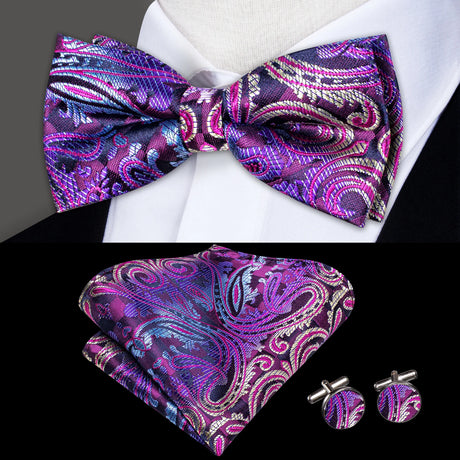 Hi-Tie Brand Silk Pre-tied Men's Bow Tie Hanky Cufflinks Set Bowtie for Male Jacquard Solid Paisley Floral Wedding Business Gift