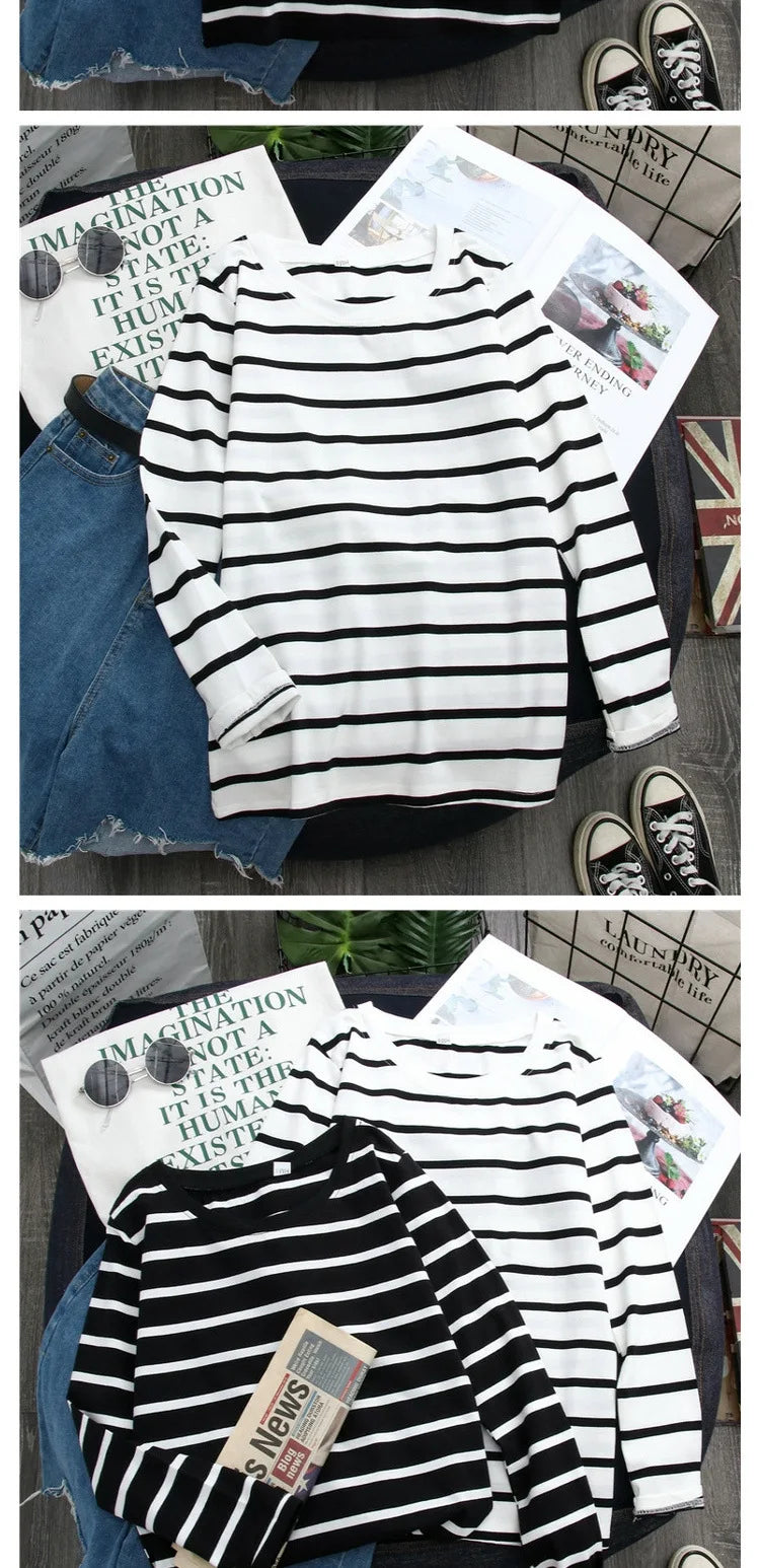 1PC Spring and Autumn Winter Black Striped Top with Foreign Style Ins Bottom Shirt Women Long Sleeve T-shirt