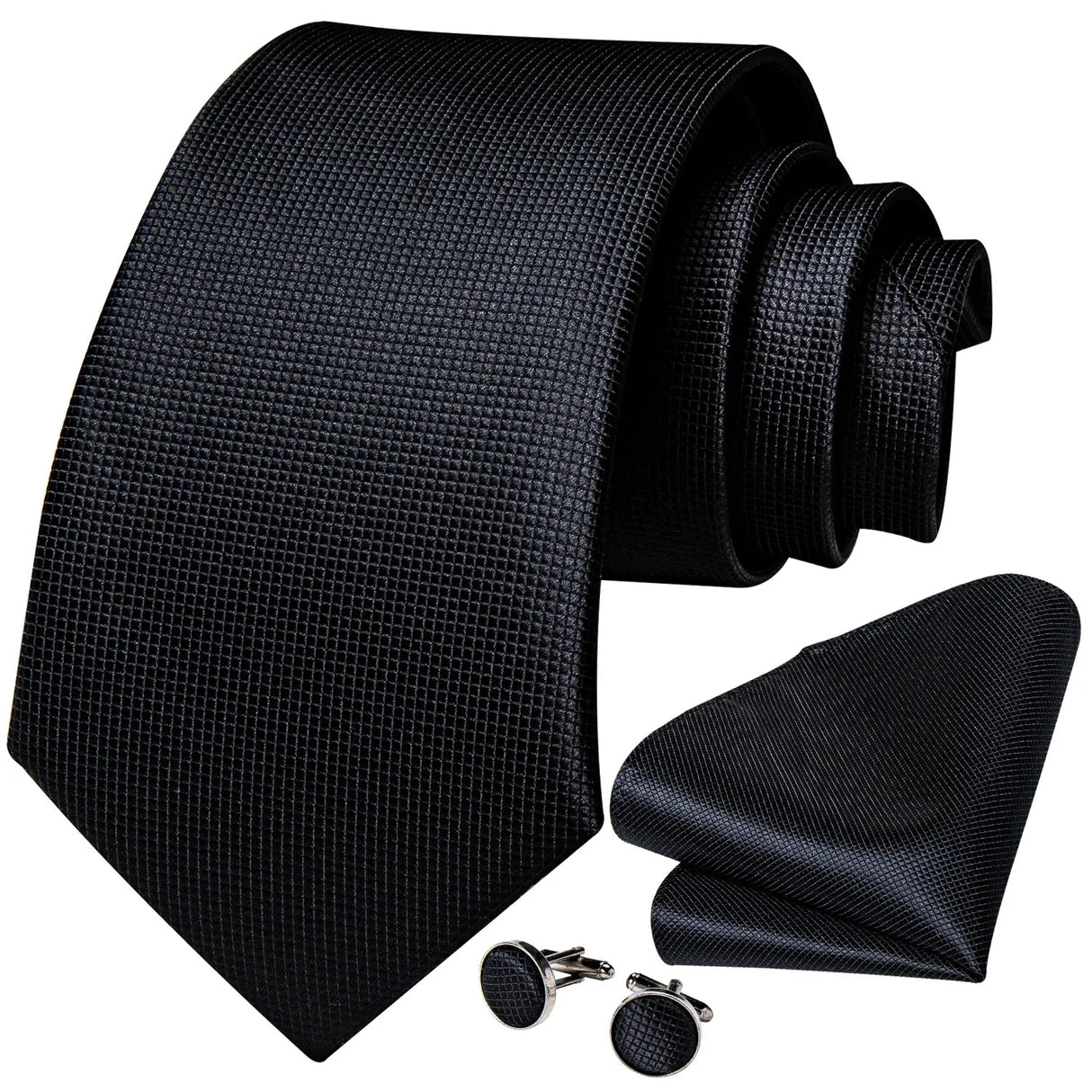 Black Men's Solid Ties 8cm Wide Polyester Business Formal Wedding Party Necktie Pocket Square Cufflinks Gift for Husband