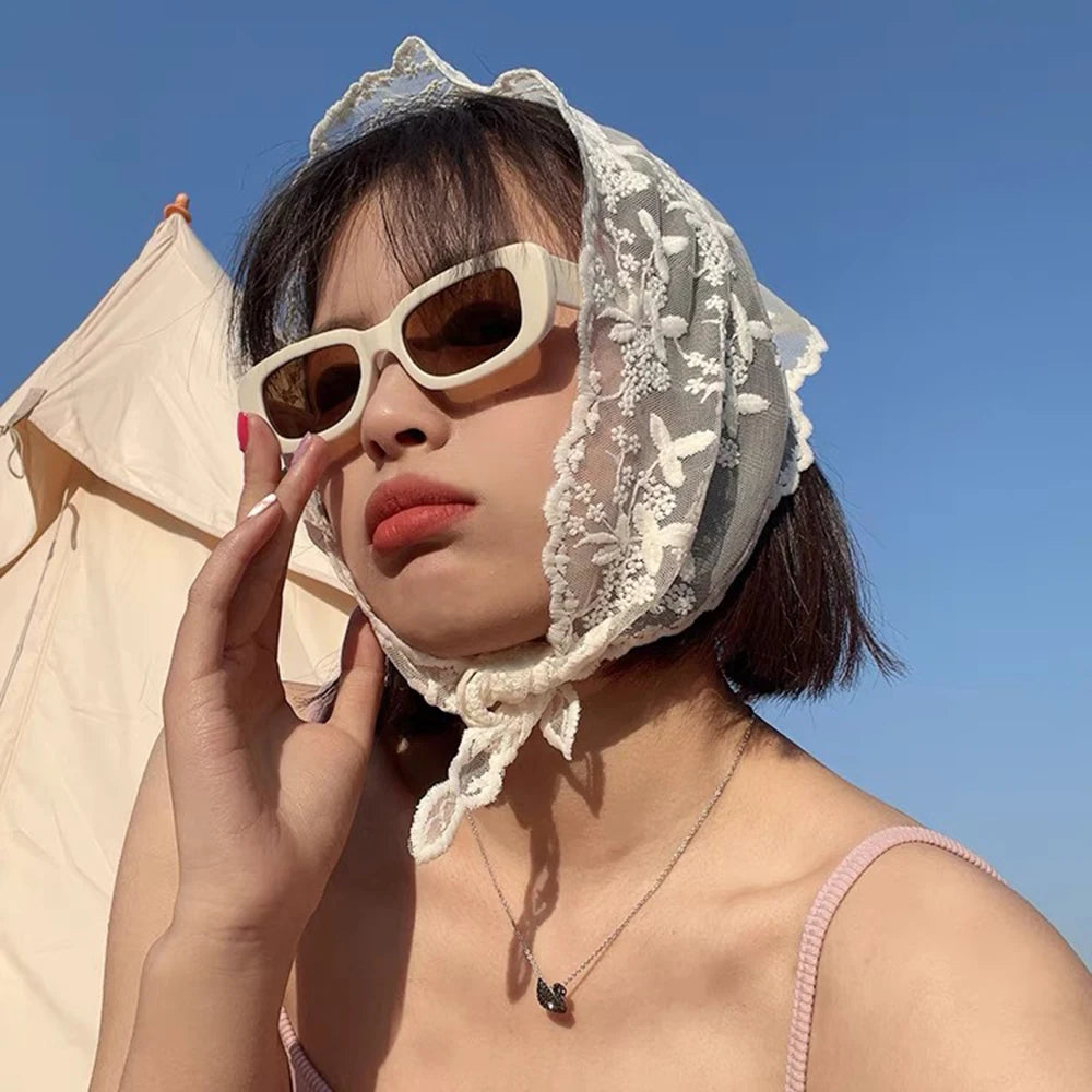 White Lace Bandana Floral Summer Woven Headbands Hair Band Women Outgoing Travel Retro Hair Accessories Headwear Turban Scarf