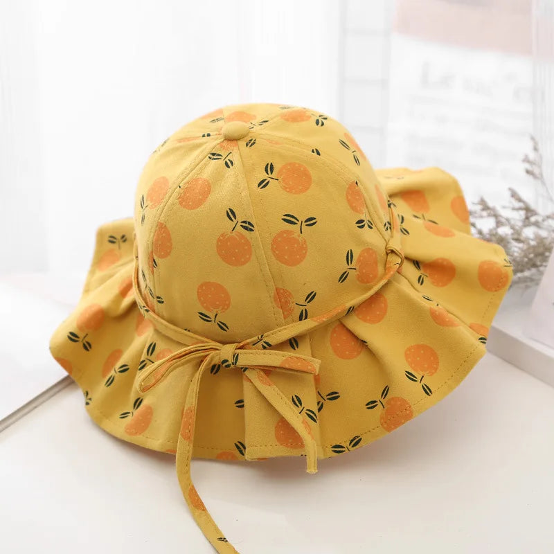 Sweet Baby Summer Hat for Girls Cotton Fruit Print Kids Bucket Hats Bowknot Princess Children Sun Cap Beach Travel 1-3Y