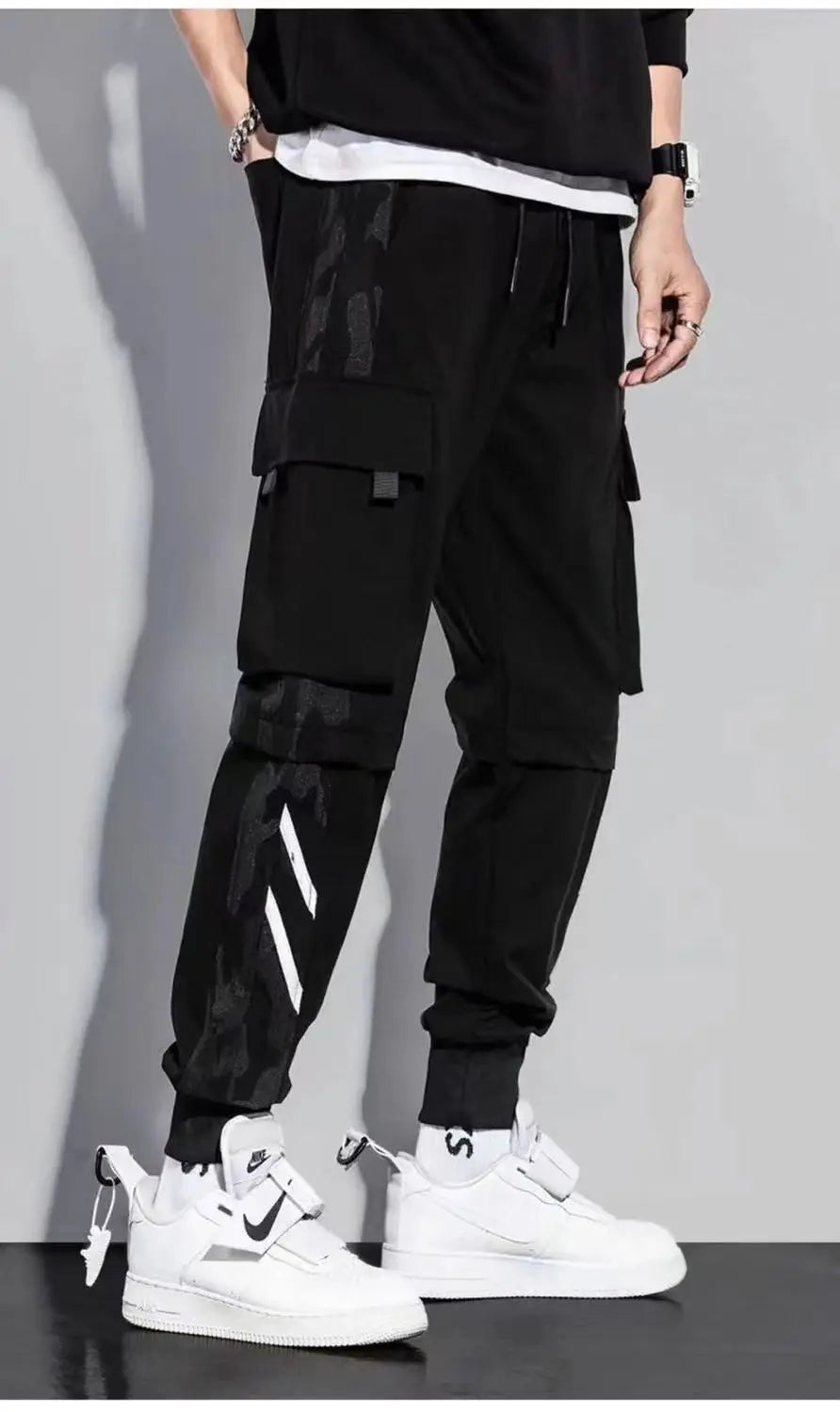 Classic Streetwear Casual Pants Men Ribbons Harem Jogging Pants Male Slim Fit Spring Cargo Pants Multi-Pockets Women Trouser J5