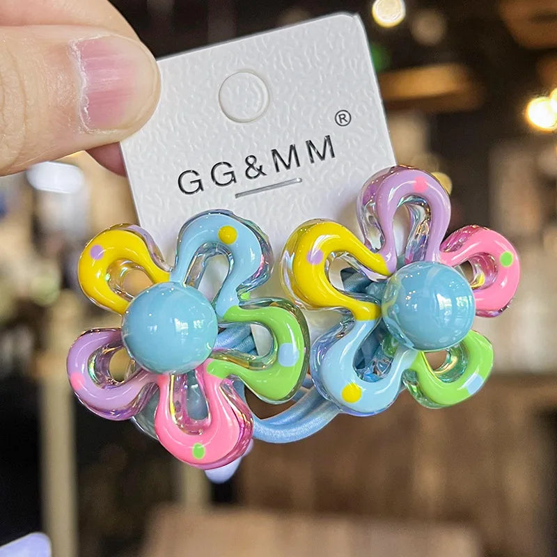 Elastic Hair Bands for Children, Hair Ropes, Color Blocked Flowers, Princess Cute Headwear, Girls Hair Accessories, New, 2Pcs