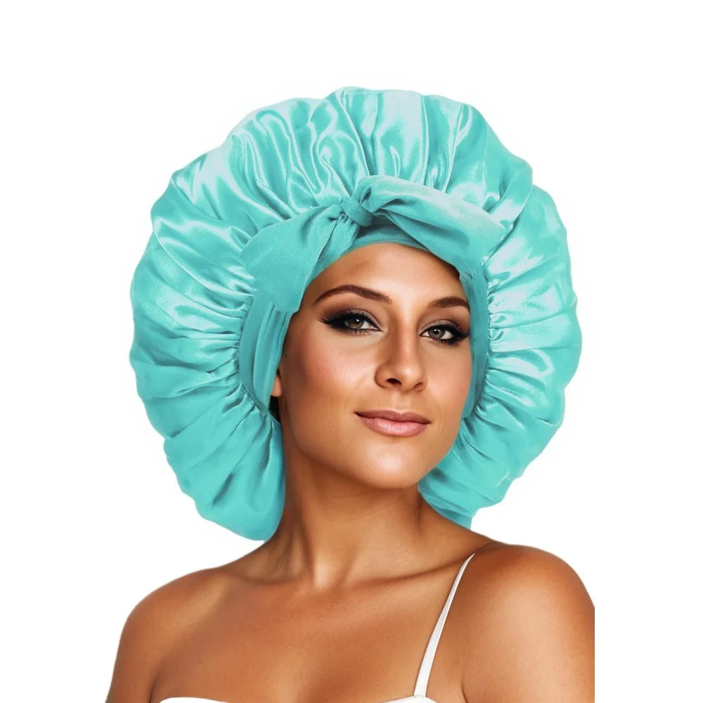 New Satin Sleeping Cap For Women Solid Wide Band Stretch Head Tie Silky Bonnet Edge Wrap Nightcap Hair Care Shower Head Cover