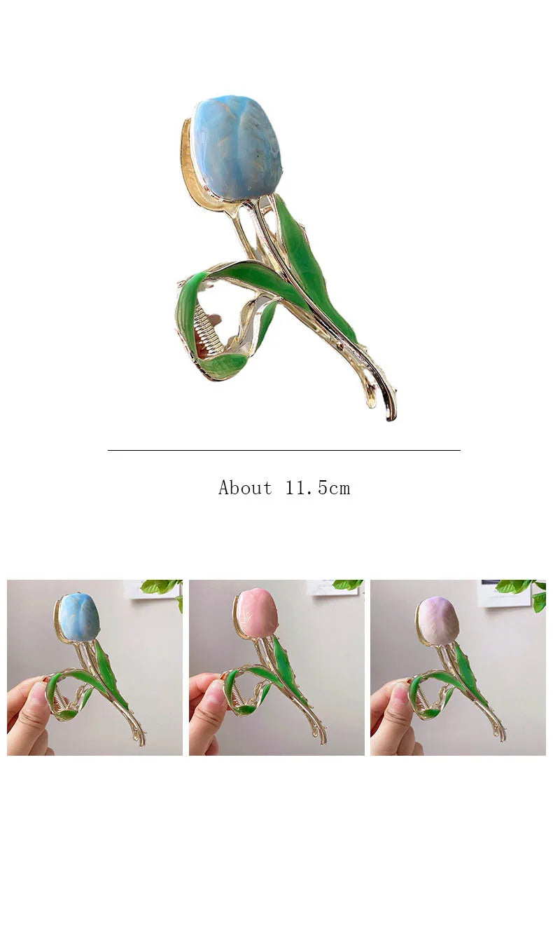 New Tulip Hair Claw Flower grace Shark Clip Headdress Vintage Ponytail Claw Clip Trendy sweet HAIR CLIP FOR GIRL Hair Jewelry